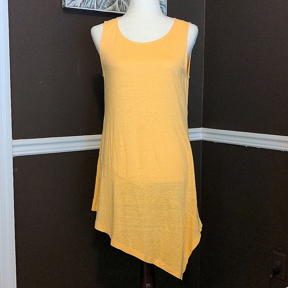 Eileen Fisher 100% organic linen yellow asymmetrical sleeveless mini dre…